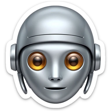 A cute futuristic robot emoji made of silver chrome, rounded friendly body, minimal facial features, glossy metallic surface, soft reflections, iOS emoji style, centered, clean white background sticker