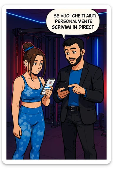 TRASFORMA QUESTO CAROSELLO IN UN FUMETTO STILE WEBTOON/MANGA A COLORI CON QUESTE DUE PERSONE IDENTICHE CHE INTERLOQUISCONO TRA LORO, L'UOMO MOSTRA UNO SMARTPHONE ALLA DONNA INDICANDOLO, E ANCHE LA DONNA HA LO SMARTPHONE IN MANO PER ANDARE A SEGUIRE IL SUO PROFILO INSTAGRAM:

LUI (UOMO): Se vuoi che ti aiuti personalmente
SCRIVIMI IN DIRECT sticker