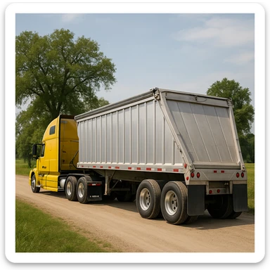 long silver end dump trailer hooked to a Volvo yellow semi sleeper truck, both in normal driving position, photorealistic rear three-quarter angle view, daytime country scene with trees, grass, and a dirt road, truck driving away sticker