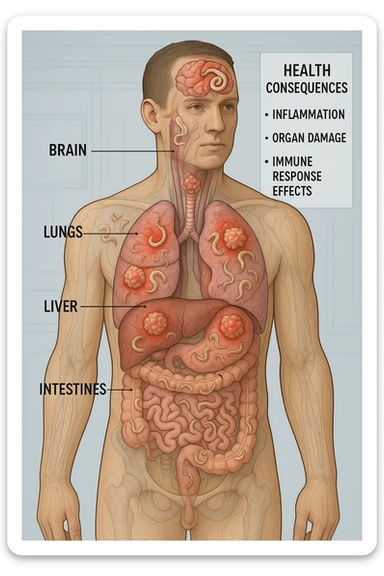 a semi-transparent view of a man’s body reveals numerous parasitic organisms inside his organs and tissues. Some areas are highlighted with red or inflamed zones, and small tumor-like masses are visible where the parasites cluster. The background is clinical and educational, with labels pointing to affected organs and a sidebar showing the health consequences. sticker