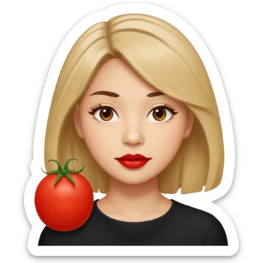 A woman in her 20s with medium hair without bangs, with double eyelids, a round face shape, with a confident look on her face. And her nickname is tomato. sticker