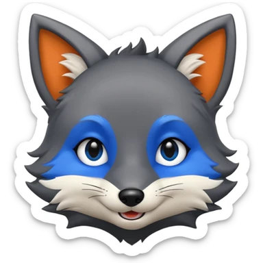 Grey anthropomorphic furry fox with a black coat, blue eyes, and a small fringe of black hair, smiling sticker