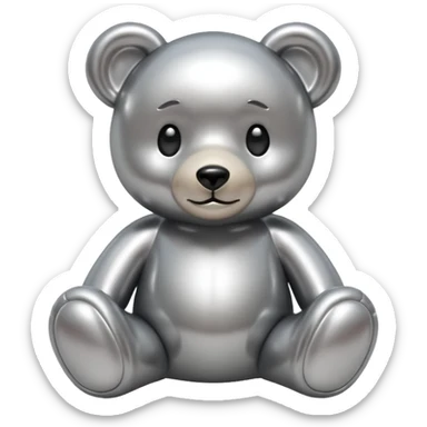 A cute teddy bear emoji made of liquid silver chrome, smooth rounded body, glossy metallic surface, soft reflections, friendly proportions, iOS emoji style, centered, clean white background sticker