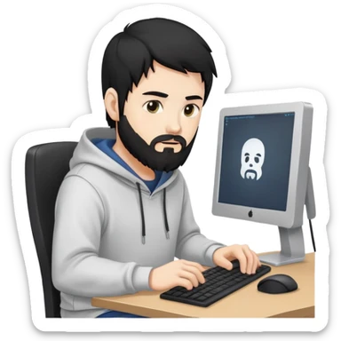 male coder with black hair, beard, and white skin, wearing a hoodie, sitting in front of a computer, focused on coding sticker