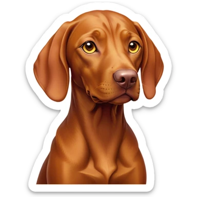 Cinematic Noble Vizsla Portrait Emoji, Poised and regal, with a sleek, athletic build and a short, smooth Fur of rust and gold, deep-set soulful amber eyes, Simplified yet sharp and sophisticated features, highly detailed, glowing with a soft, dignified glow, high shine, intelligent and agile, stylized with an air of determination, focused and attentive, soft glowing outline, capturing the essence of a watchful and confident companion, so majestic it feels as though it could sprint out of the screen with effortless authority! sticker