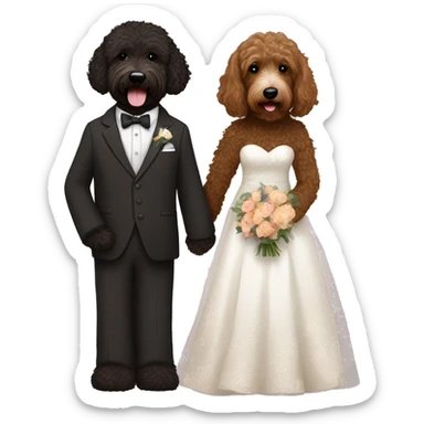 Black and brown bernadoodle in wedding dress and dark brown Australian labradoodle in suit sticker