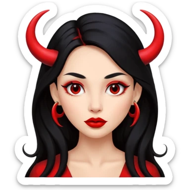 A girl's face with cheekbones, skin red, long black hair, small red horns, big lips sticker