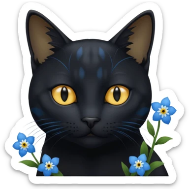 Un chat noir qui jou avec myosotis bleu sticker