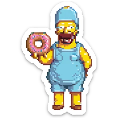 Homer Simpson pixel art style, simplified features, holding a donut sticker