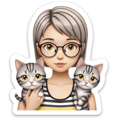a girl with round glasses holding two gray striped cats. The girl has a short brown bob haircut and is wearing a dark tank top. The cats are silver tabby with bright yellow eyes. The overall style is cute and soft, resembling digital art or anime-style character design. The illustration depicts the close relationship between a person and their pet, with the girl gently cradling her cat.​​​​​​​​​​​​​​​​ sticker