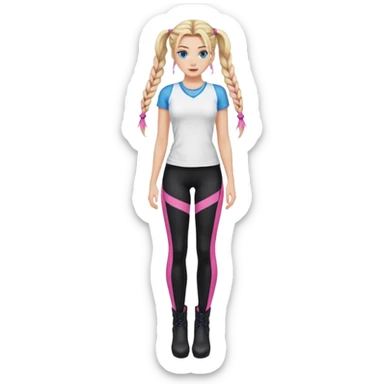 Beauty with blonde balayage and pink highlights long hair half braids with blue eyes wear White sexy top and black Leggins and Boots with heels sticker