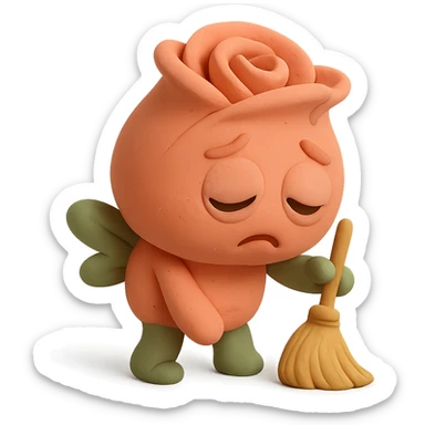 Keep the same claymation-style soft pink rose flower character with puffed cheeks, dark round eyes, chubby round body, curled rose petals on top, and stubby green leaf arms and legs. Change the expression to droopy eyes and an exhausted face, with a slumped posture while sweeping with a tiny broom. Pastel tones, chibi round shape sticker