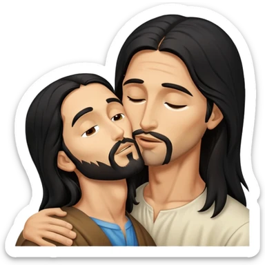 a man with long black hair kisses jesus christ sticker