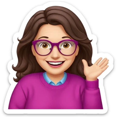 50 yr Caucasian woman, long dark brown hair parted on side, brown eyes, brown glasses, big smile, white teeth, fuscia sweater, chubby, wavy hair sticker