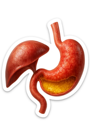 stomaco umano anatomico infiammato con acido giallo all'interno fluttua in aria insieme ad un diaframma umano, iperrealistico 4k, isolato su sfondo bianco sticker