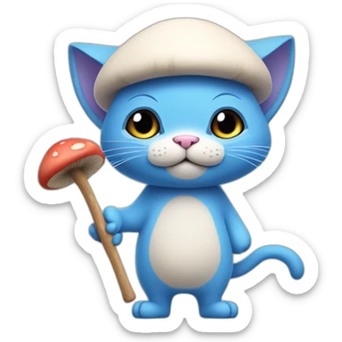  Cute Blue Cat NO ears wearing a mushroom cap carrying a stick in one arm standing on two legs no hair  sticker
