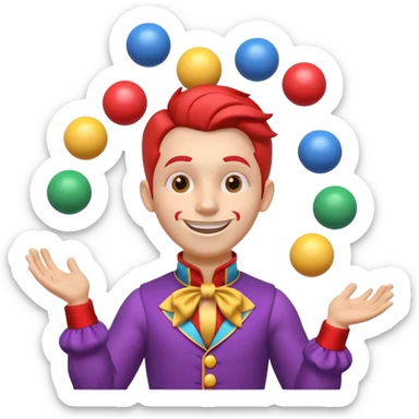 circus juggler portrait, head and shoulders only, colorful outfit collar, playful grin, juggling balls visible near shoulders, 3D cartoon, mobile game icon style, clean background, no text, no watermark
 sticker
