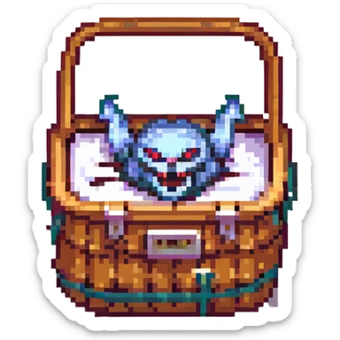 a pixel art style picnic basket mimic with a small basket, lid open showing sharp teeth inside, glowing red eyes, retro video game monster sticker