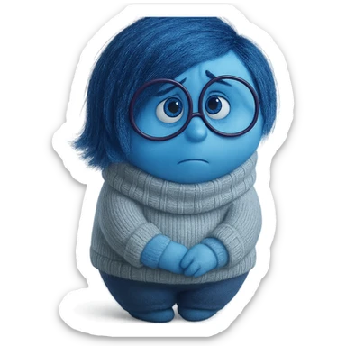 Sadness from Inside Out character, blue skin, short blue hair, round glasses, cozy sweater, looking sad, Pixar style sticker