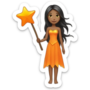 brown woman fairy holding a orange star wand long black straight hair full length sticker