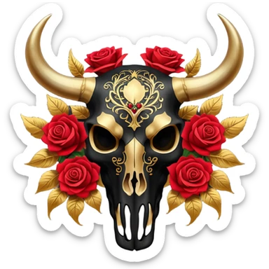 Black Bull skull with red roses and gold intricate patterns sticker