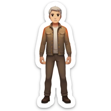 a man standing at the edge of a burning bridge, determined gaze, chest glowing with fire-shaped light, shadows dissolving into ash behind him sticker