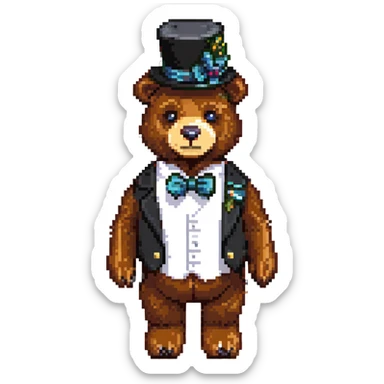 Freddy Fazbear from Five Nights at Freddy's, pixel art style, brown bear animatronic, black top hat, bow tie sticker