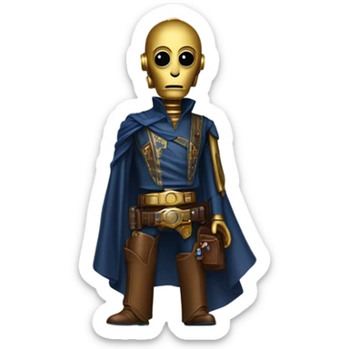 darkblue-pearl friendly smiling bounty hunter c3po droid wearing leather wild west duster, backpack, saddlebags and light saber ready to fight at ease. steampunk sticker