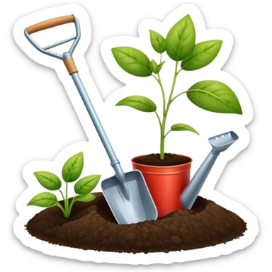 An icon featuring a shovel, a plant symbolizing agronomy. The design includes crops, a field, and a watering can, representing the science of soil management, crop production, and sustainable farming. Transparent background highlights agricultural research and growth. sticker