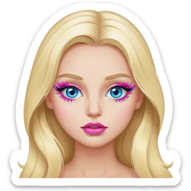 Cinematic realistic blonde with long hair, blue eyes and pink lips paints her eyelashes sticker