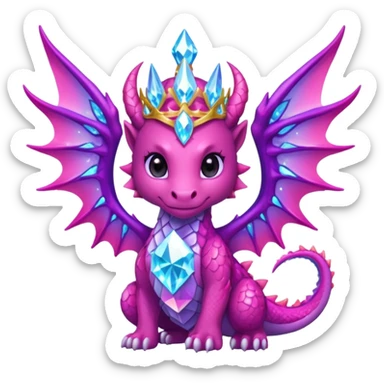 cute pink crystal dragon queen, diamond crown, shimmering crystal wings, glowing pink and purple aura, magical sparkles, epic kawaii fantasy style, strong glow, bold outline, transparent background, twitch badge sticker