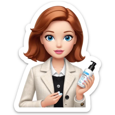 A Barbie girl with blue eyes, shoulder-length reddish-brown hair with makeup, wearing a white tweed jacket and a black skirt, holds a face cream in her hand sticker