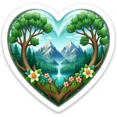 crystal heart with forest inside and floral decoration around sticker