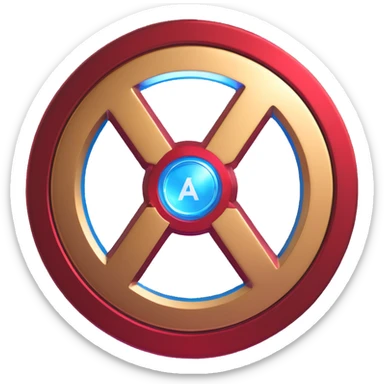 Glossy 3D emoji letter A with Avengers logo inspiration, metallic bold, blue arc reactor glow, subtle Captain America shield pattern, red and gold Iron Man accents, cute compact high-tech heroic style sticker