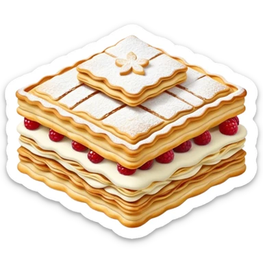 Cinematic Realistic Mille-Feuille Dessert Emoji, depicted as layered puff pastry with rich cream and a dusting of powdered sugar rendered with intricate textures and elegant, soft lighting. sticker