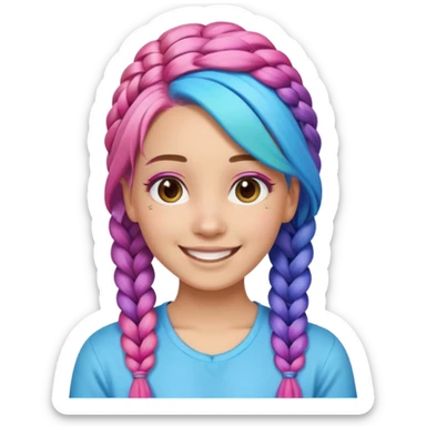 Woman with braided rainbow hair, happy — long braids fading from pink to blue sticker