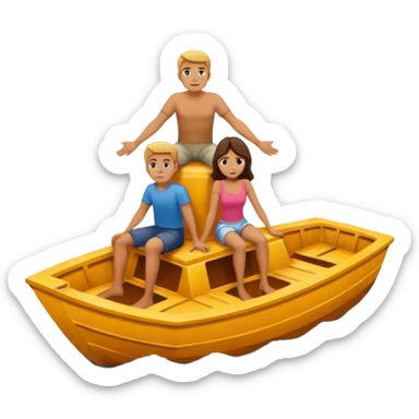 a boat sinking, upside down, with 2 people sitting on top trying to stay afloat. sticker