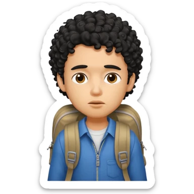 a pretty bratz guy with black curly hair wearing a backpack looking tired sticker