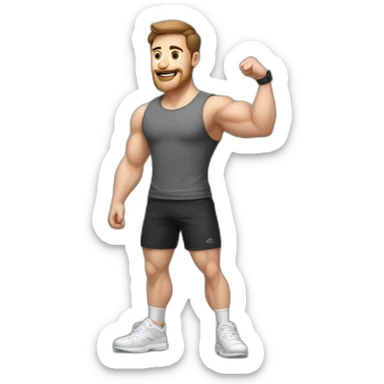 Full height realistic Actively gesturing with hands Pale skinned Fit Man With the biceps and brown hair in dark gray Sleeveless Mike, black oversize sports shorts, watch and white Sneakers sticker