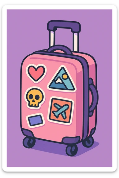 pink and purple rolling suitcase with various travel stickers, thick line art, flat pastel colors, graphic shadows and highlights, white sticker outline, cute cartoon style, variation 1 sticker