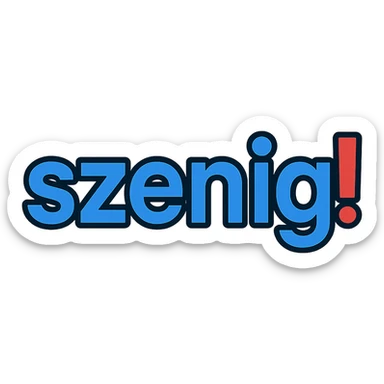 text logo 'szenig!' in blue with only the exclamation mark in red, modern digital style, no background sticker