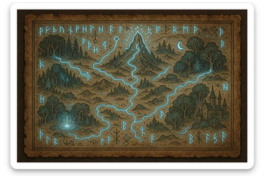 a magic map, ancient parchment with runes, detailed illustration sticker