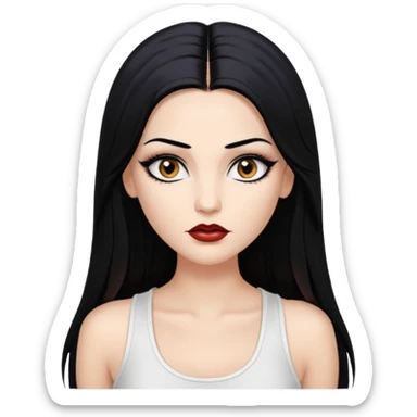 White woman with a white tank top long black hair glossy middle part straight long hair vamp look  brown eyes eyeliner winged with lashes top and bottom white border big lips black eyebrows sticker