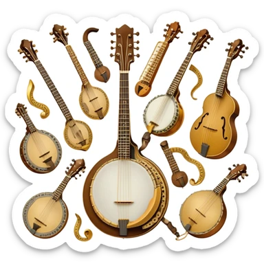 Create a grand, heraldic-style emoji collage representing plucked string instruments. The design should resemble a majestic emblem, featuring a collection of iconic instruments such as a banjo, mandolin, domra, sitar, and other plucked string instruments. Arrange the instruments symmetrically, with their necks and strings intertwining gracefully like a coat of arms. A flowing ribbon of musical notes should elegantly weave through the instruments, creating a sense of harmony and movement. The emblem should have a luxurious, golden and bronze color palette with intricate decorative elements, adding depth and a professional touch. Subtle lighting effects should highlight the polished wood and metal strings of the instruments. The background should be transparent, making the design adaptable for various uses sticker