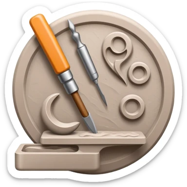 Icon for sculpting, with sculpting tools, sculpture in progress on a textured surface, minimalistic style, clean lines, transparent background. sticker