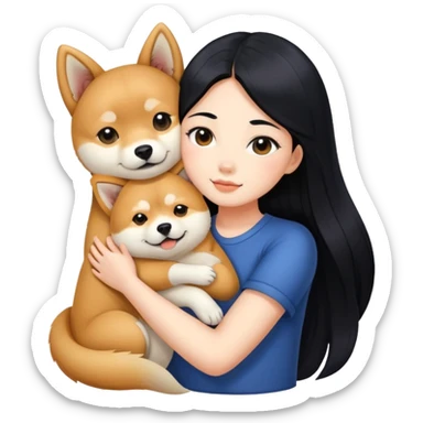 A beautiful girl with long black hair hugs a Shiba Lnu sticker