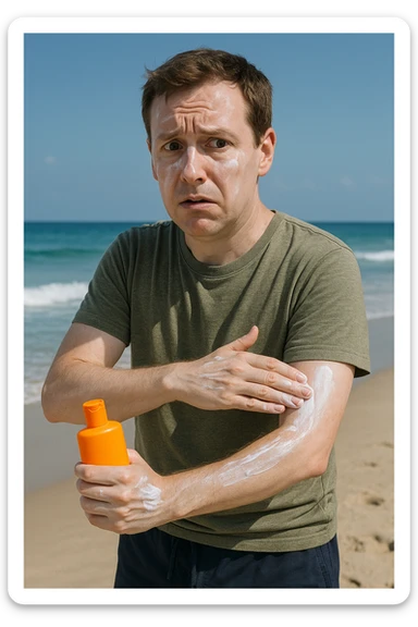 uomo a mare che si mette la crema solare perchè ha paura del sole realistica sticker