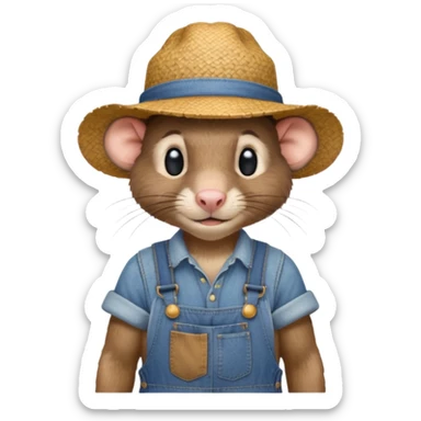 farmer rat in denim overalls with a straw hat sticker