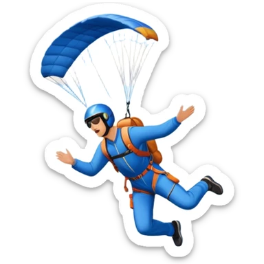 A base jumper soaring through the air, parachute deployed, flying off a steep mountain peak. The background is filled with majestic mountains, clear blue sky, and distant clouds, capturing the exhilarating thrill and beauty of extreme sports. sticker