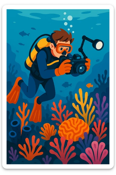 male dive photographer underwater wearing scuba gear taking photos of coral reefs vibrant semi-realistic illustration style sticker